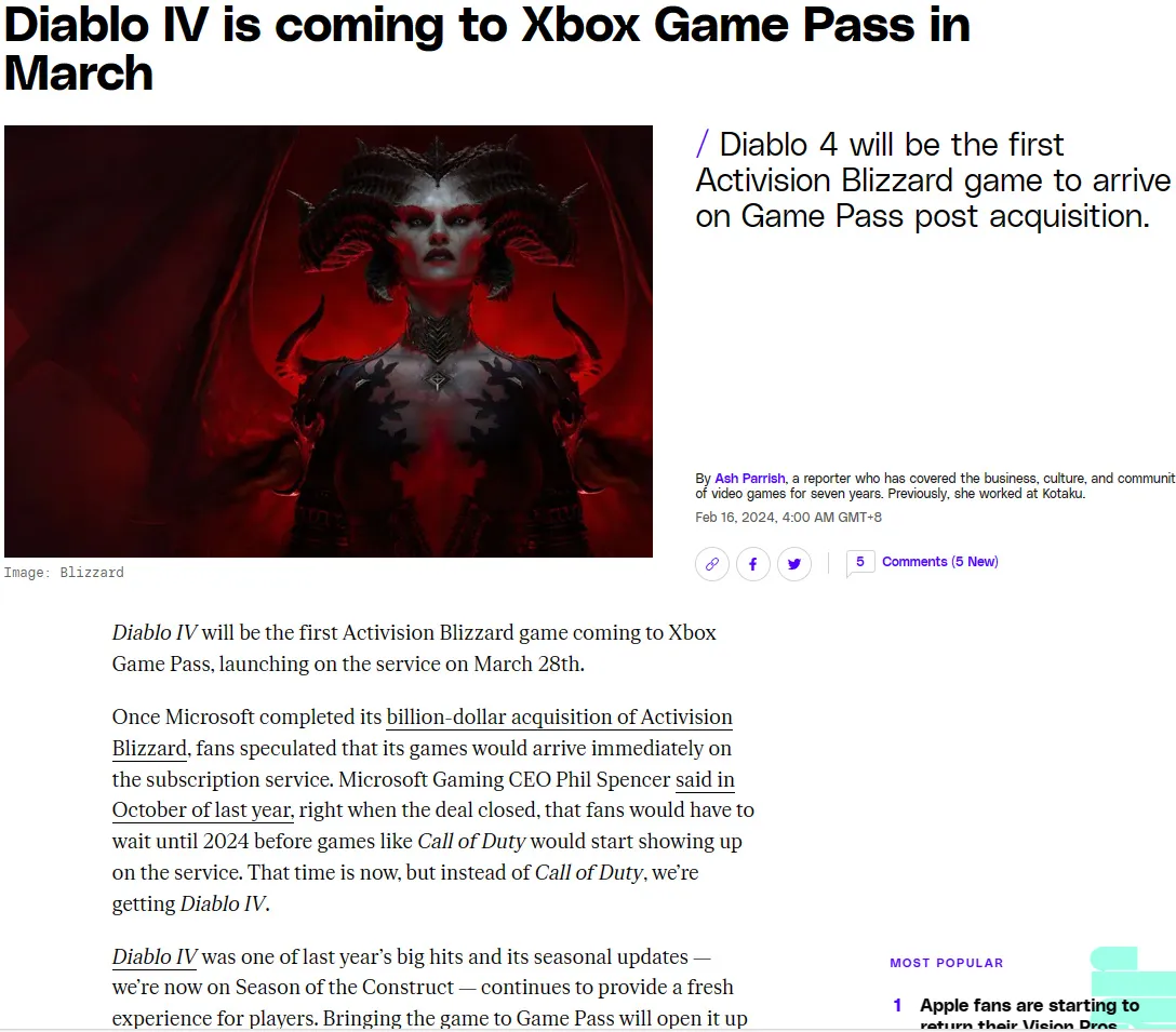 Xbox旗下四款游戏将登录全平台;暴雪的《暗黑破坏神4》将登录XGP