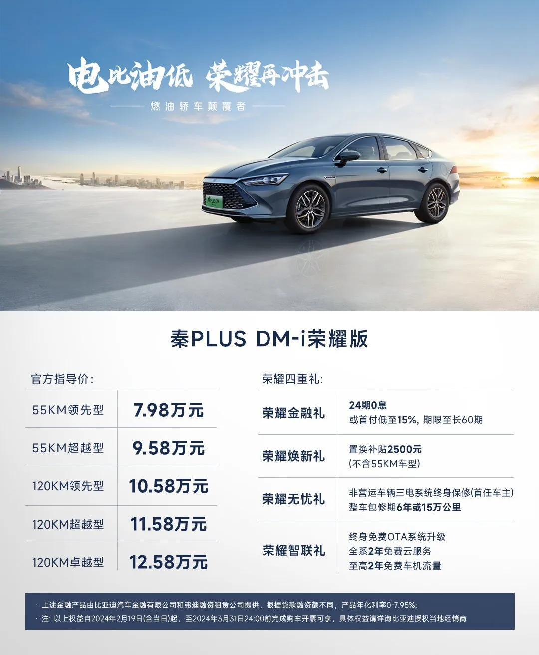 秦PLUS荣耀版:售价7.98万元起，开启电比油低新时代！