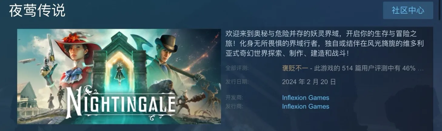 《夜莺传说》上架Steam,目前好评率仅有46%。