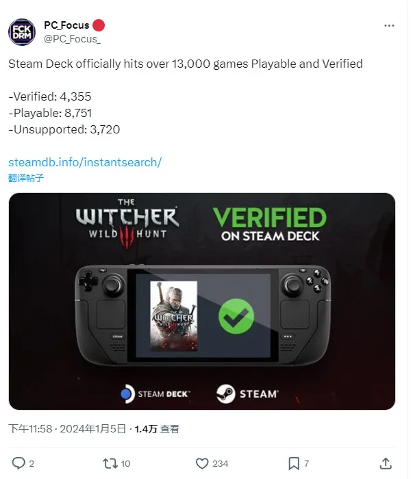 Steam Deck支持游戏总量破1.3万  超过Switch
